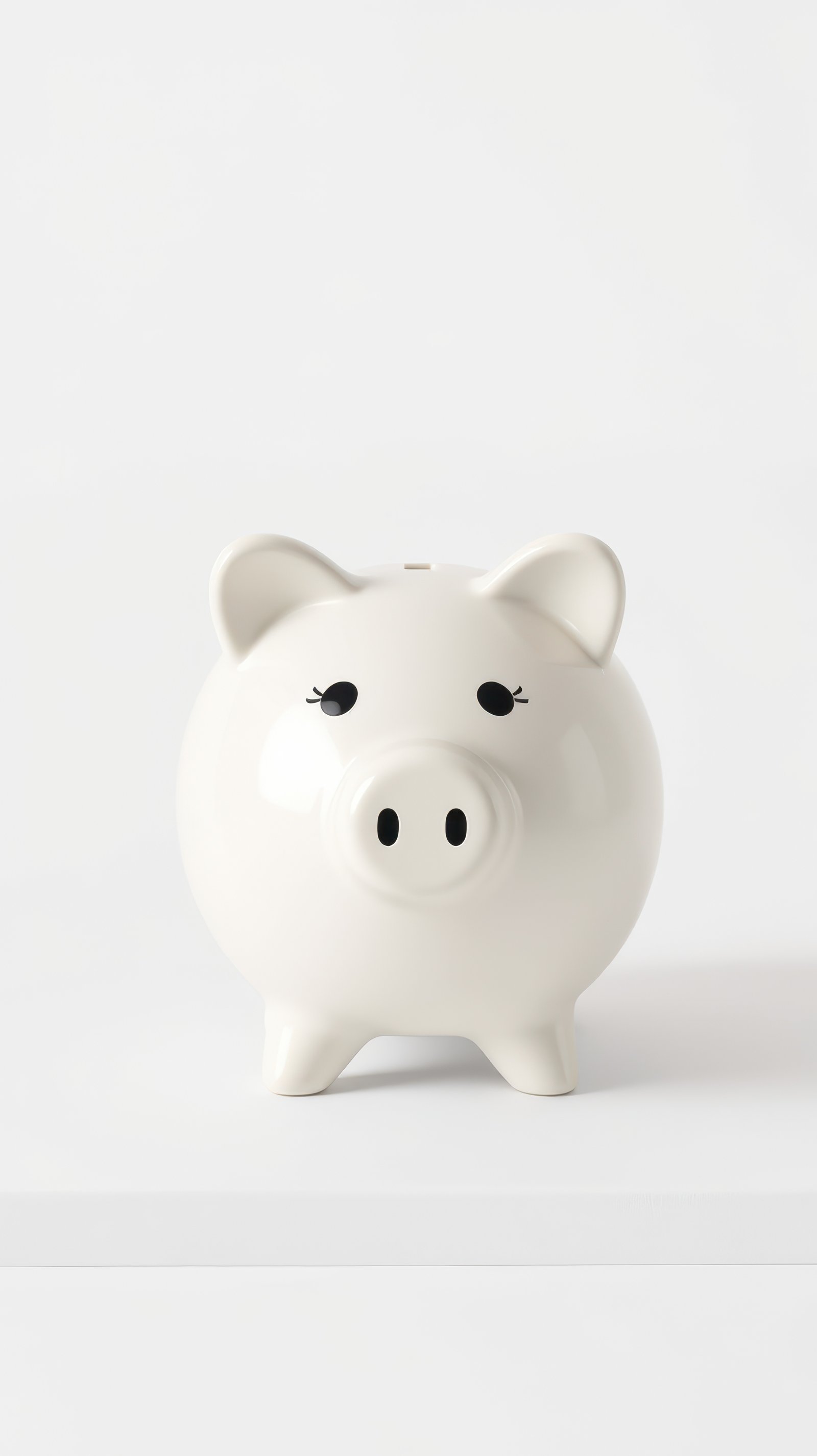 Cute white piggy bank sits on a clean surface ready to receive coins and savings for future needs
